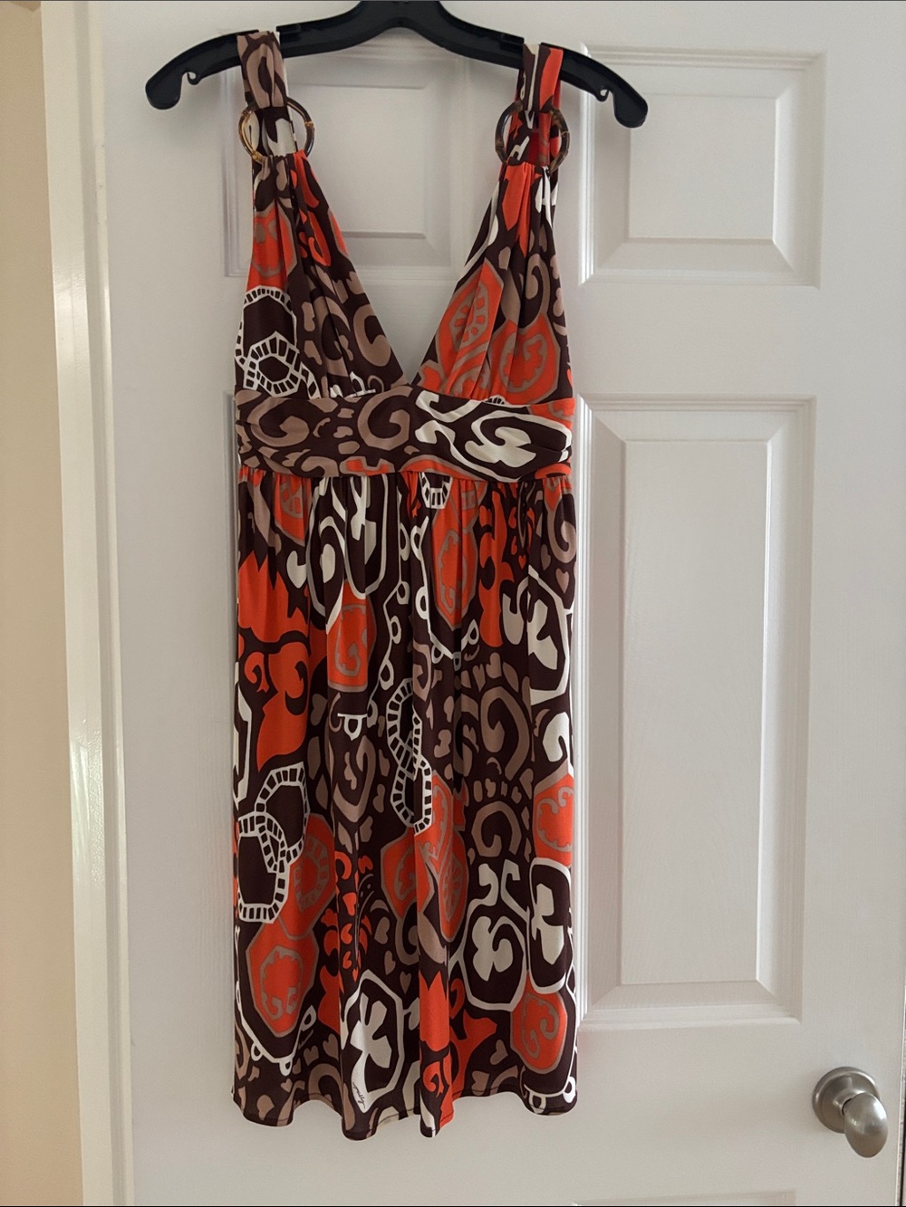 Milly Sleeveless Printed Empire-Waist Dress in Brown & Orange